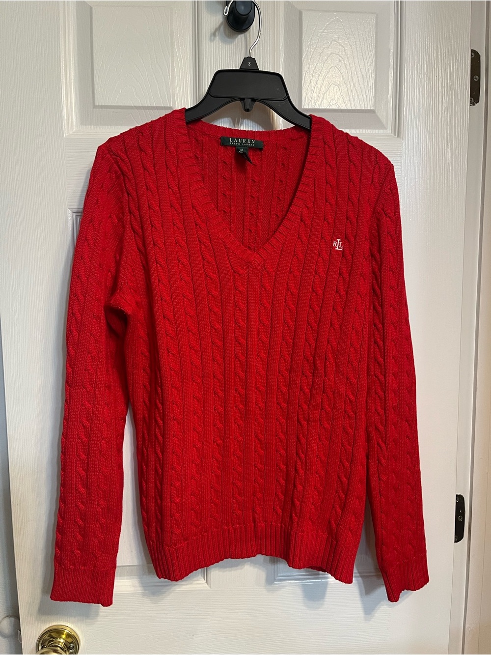 Ralph Lauren Red Cable-Knit V-Neck Sweater